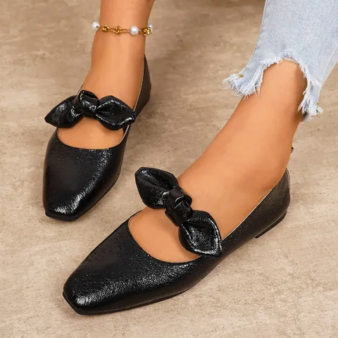 Women Mary Jane Flat Shoes Bowknot Rabbit Ears Metallic Square Toe Slip-On Ballet Flats Party Shoes Comfy PU Leather