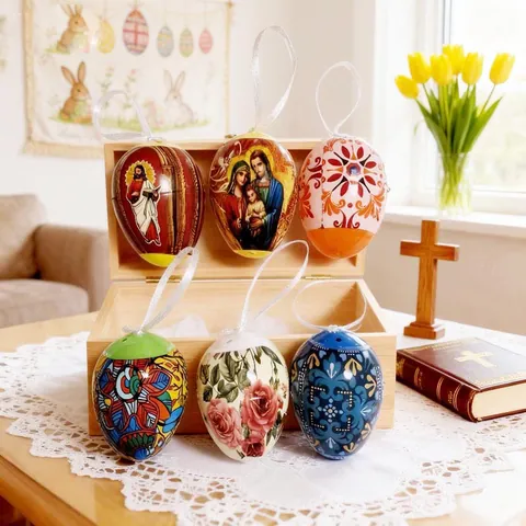 Colorful Pattern Plastic Easter Eggs Hanging Decorations Religious Icon Floral Party Favors European Style Home Festival Ornament Pendant
