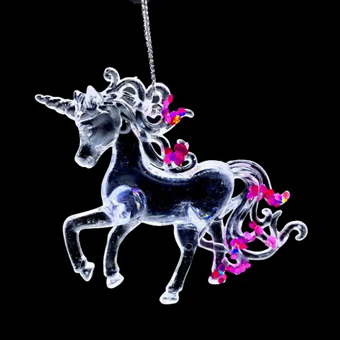 Transparent Acrylic Christmas Hanging Ornament Glitter Sequin Unicorn Bird Angel Wing Key Ballet Dancer Pegasus Pendant Xmas Tree Decor