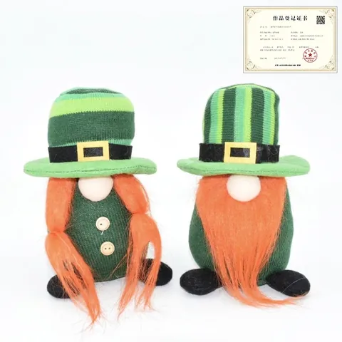 St. Patrick's Day Gnome Plush Ornaments Irish Leprechaun Handmade Knit Stripe Hat Green Elf Dwarf Doll Decor Festive Home Table Decorations