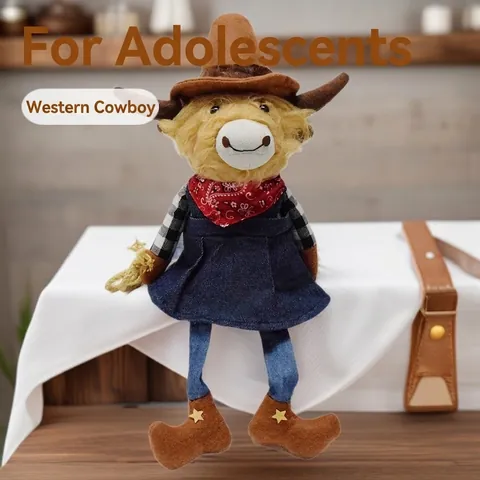 Süßes Western-Cowboy Schottisches Hochlandrind Plüschtier Bauernhof-Stil Kuh Puppe Mit Hut Halstuch Denim-Kleid Kinder Geschenk Hausdekor