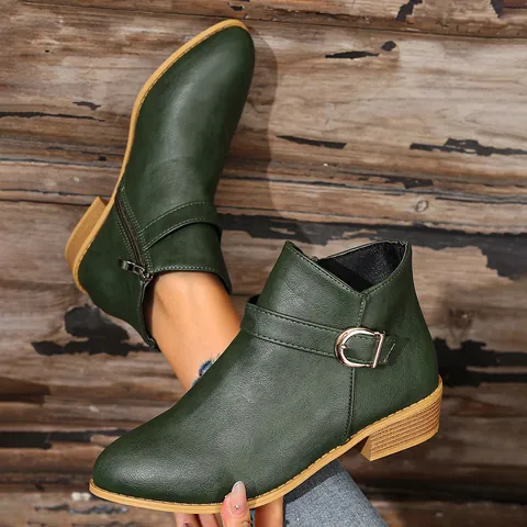 Women Chelsea Boots Side Zipper Buckle Strap Low Block Heel Pointed Toe Solid Color Faux Leather Winter Fashion Ankle Boots