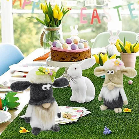 Plush Easter Lamb Gnome Doll Rudolph Faceless Sheep Figurine Animal Handmade Ornament For Spring Home Table Decoration Gift