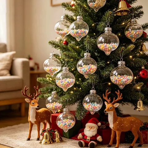 Transparente Zwiebelform Kunststoff Weihnachtskugel Mit Bunten Schaumstoffperlen Hängende Feiertagsbaumschmuck Festliche Heimdeko