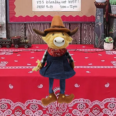 Cute Western Cowboy Highland Cow Plush Toy Stuffed Animal Farm Style Cow Doll With Hat Bandana Denim Dress Kids Gift Home Decor