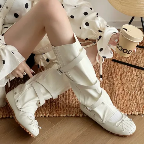 Detachable Two-Way Wear Ballet Style Boots For Women Bow Decor Synthetic Leather Rubber Sole Fashion Ankle Boots