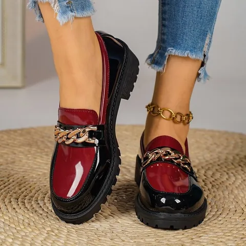 Women Elegant Patchwork Platform Loafers Red Black Patent Leather Metal Chain Shallow Mouth Comfortable Casual Single Shoes