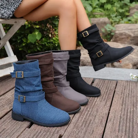 Bottes Mi-mollet de Style Occidental pour Femmes Bout Rond Petit Talon Bottes Plissées Avec Boucle de Ceinture Cuir Synthétique Tissu Chaussures d'Hiver
