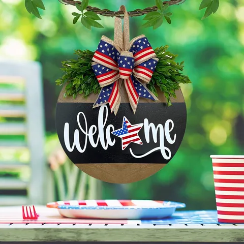 Patriotic Independence Day Round Wooden Welcome Sign Fourth Of July Front Door Wreath Hanging Decor With Bow And Greenery