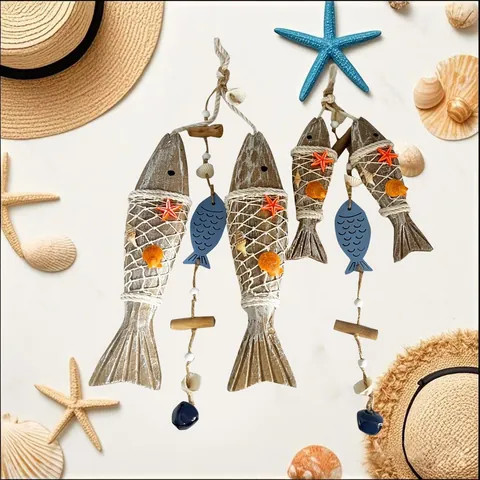 Mediterranean Wooden Fish Starfish Hanging Ornament Retro Beaded Outdoor Garden Patio Porch Wall Pendant Home Decor