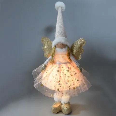 Cute Christmas Glowing Angel Girl Doll Ornament Pink Plush Standing Angel Figurine Golden Wings Home Holiday Decor Gift