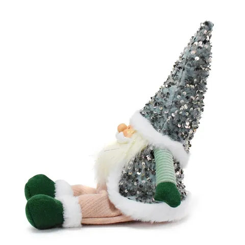 Luxury Retro Christmas Gnome Figurine With Resin Face Silver Sequin Hat Dark Green Nordic Forest Elf Plush Doll Holiday Decoration