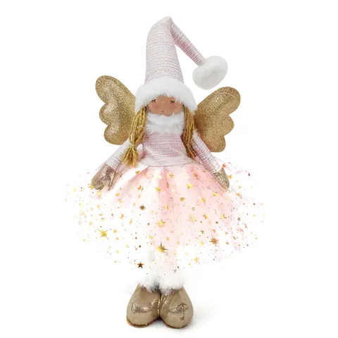 Cute Christmas Glowing Angel Girl Doll Ornament Pink Plush Standing Angel Figurine Golden Wings Home Holiday Decor Gift