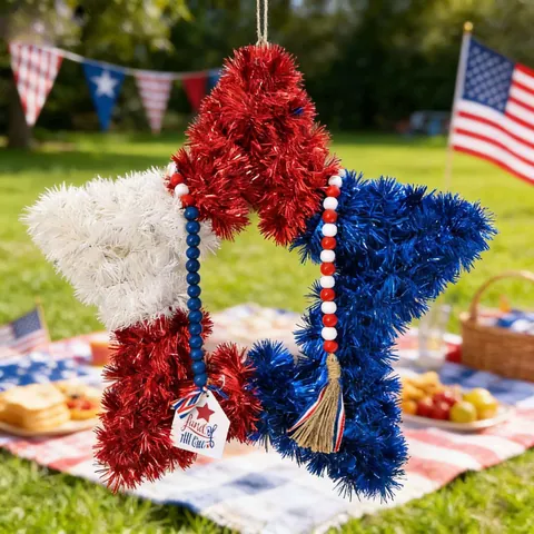 Patriotic Independence Day Star Wreath With Wood Bead Garland July 4th Red White Blue Tinsel Hanging Decoration For Home Party Decor