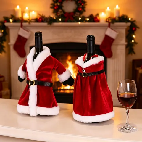 Red Gold Velvet Christmas Wine Bottle Cover Santa Suit Dress Style Holiday Dining Table Decoration Xmas Party Ornament