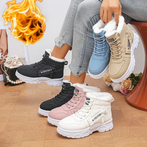 Women Winter Martin Boots Fleece Lined High Top Lace Up Warm Faux Leather Casual Sporty Short Boots Outdoor Walking Shoes