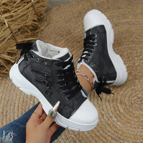 Women Korean Style High Top Canvas Shoes With Warm Plush Lining Heart Pendant Decoration Thick Sole Martin Style Sneakers For Casual Daily Wear