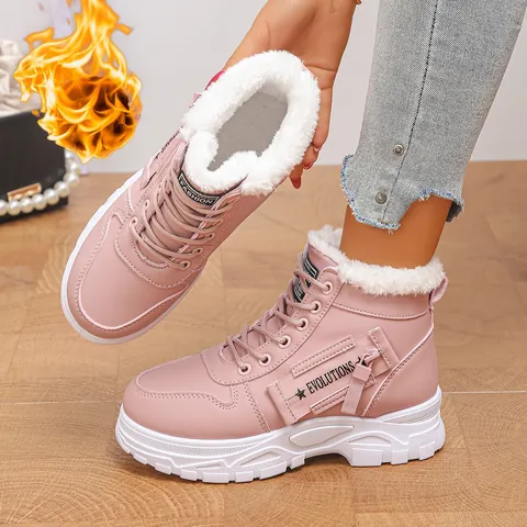 Women Winter Martin Boots Fleece Lined High Top Lace Up Warm Faux Leather Casual Sporty Short Boots Outdoor Walking Shoes