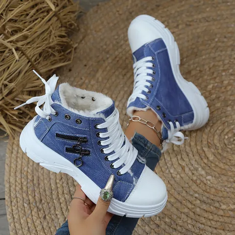 Women Korean Style High Top Canvas Shoes With Warm Plush Lining Heart Pendant Decoration Thick Sole Martin Style Sneakers For Casual Daily Wear