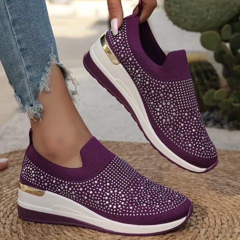 Zapatillas de Cuña de Moda para Mujer con Diamantes de Imitación y Lentejuelas Zapatos Casuales sin Cierre Plataforma Punta Redonda Zapatillas de Malla Transpirable para Uso Diario