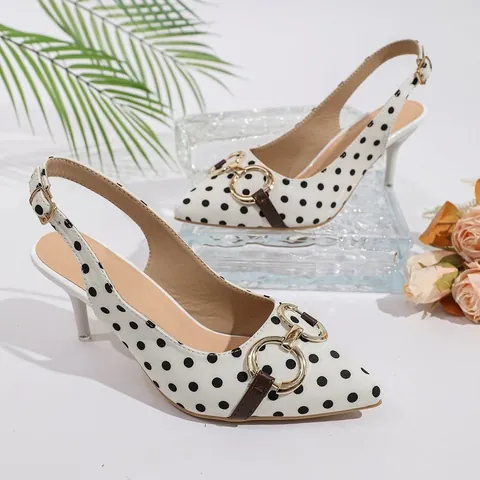 Sandalias Stiletto Destalonadas con Punta Estrecha de Estilo Vintage Francés para Mujer Zapatos de Moda de Verano con Tacón Alto de Lunares y Hebilla de Metal Dorado