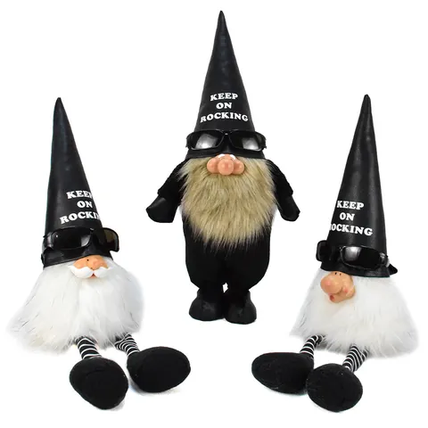 Rock Style Christmas Gnome Plush Decoration With Black Leather Hat Sunglasses Keep On Rocking Long Striped Leg Gnome Elf Sitting Doll For Home Holiday Table Ornament