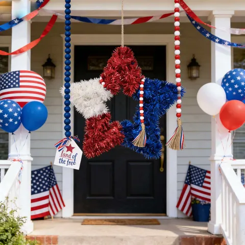 Patriotic Independence Day Star Wreath With Wood Bead Garland July 4th Red White Blue Tinsel Hanging Decoration For Home Party Decor