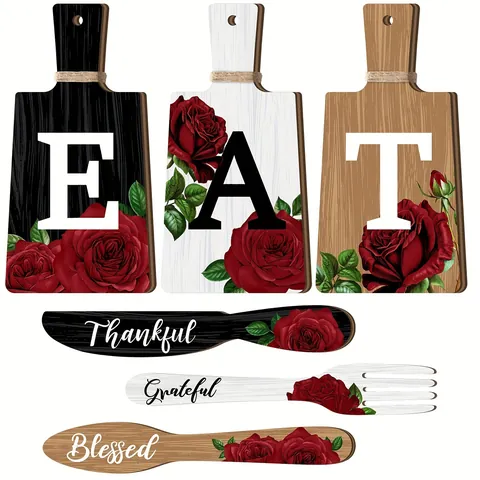 Rustic Wooden Kitchen Wall Decor Set EAT Board Knife Fork Spoon Signs Rose Floral Hanging Plaque For Restaurant Dining Room Cafe Home Art Decor