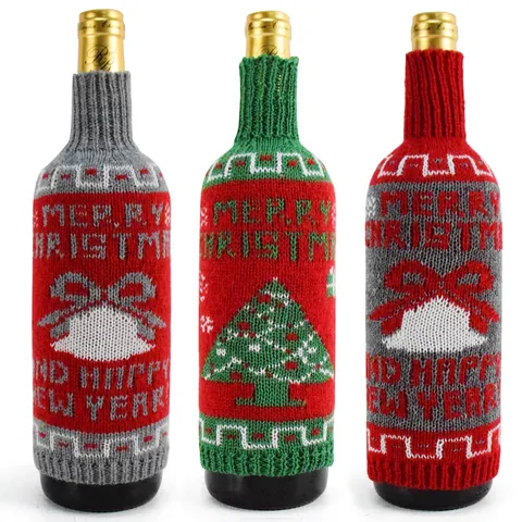 Christmas Knitted Wine Bottle Covers Merry Christmas Pattern Champagne Bottle Sleeves For Xmas Party Holiday Table Decor