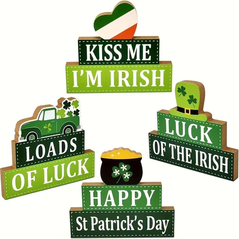 St Patrick's Day Plastic Tabletop Decoration Green Shamrock Clover Desktop Sign Lucky Irish Festival Ornament For Home Party