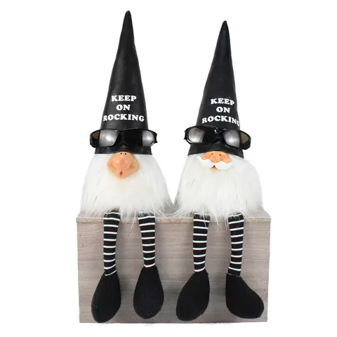 Rock Style Christmas Gnome Plush Decoration With Black Leather Hat Sunglasses Keep On Rocking Long Striped Leg Gnome Elf Sitting Doll For Home Holiday Table Ornament