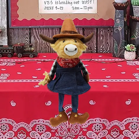 Süßes Western-Cowboy Schottisches Hochlandrind Plüschtier Bauernhof-Stil Kuh Puppe Mit Hut Halstuch Denim-Kleid Kinder Geschenk Hausdekor