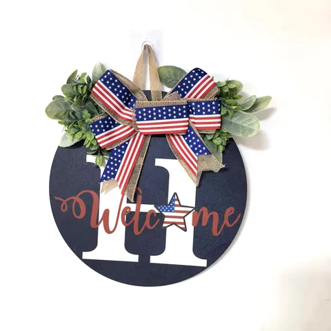 Patriotic Independence Day Round Wooden Welcome Sign Fourth Of July Front Door Wreath Hanging Decor With Bow And Greenery