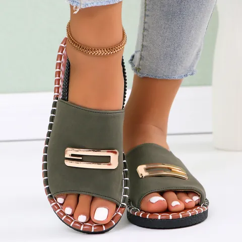 Sandali Bassi da Donna Fibbia in Metallo Cinturino Singolo Punta Aperta Scarpe da Spiaggia Estive Cinturino Elastico Sandali Casual in PU