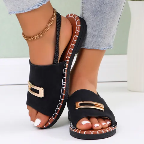 Sandali Bassi da Donna Fibbia in Metallo Cinturino Singolo Punta Aperta Scarpe da Spiaggia Estive Cinturino Elastico Sandali Casual in PU