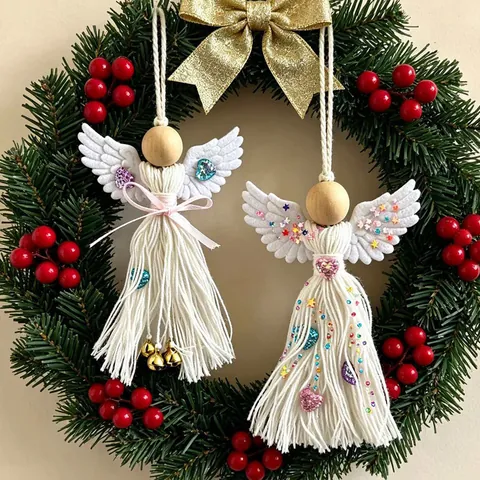 Handgewebter Weißer Engel Weihnachtsdekoration Baumbehang Makramee Engel Puppe Mit Holzperle Für Feiertagsparty Heimdekoration