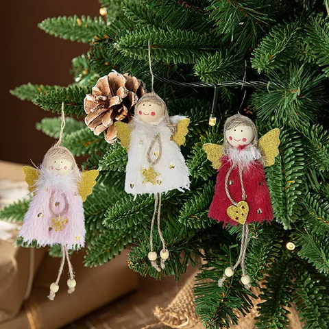 Plush Christmas Angel Girl Hanging Ornament With Gold Wings Sequin Dress Xmas Tree Decoration For Holiday Home Party Decor Gift
