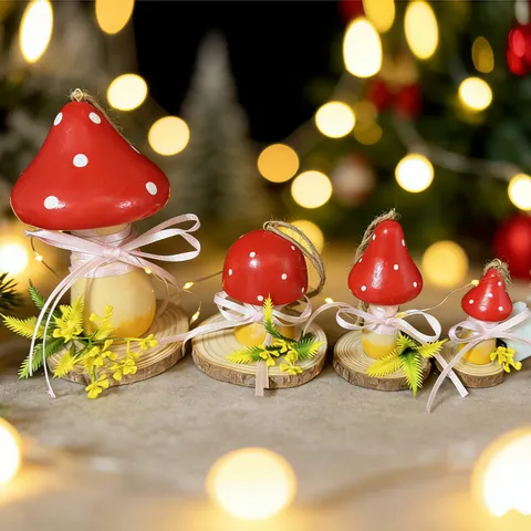 Natale Fungo di Legno Ornamento Pastorale Rosso Pois Artigianale Desktop Decorazione da Tavolo Per Vacanze Casa Ufficio Decor Con Opzione Luce LED