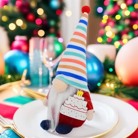 Handmade Faceless Gnome Plush Doll With Rainbow Striped Hat And Birthday Cake Creative Birthday Gift For Home Office Desktop Decor