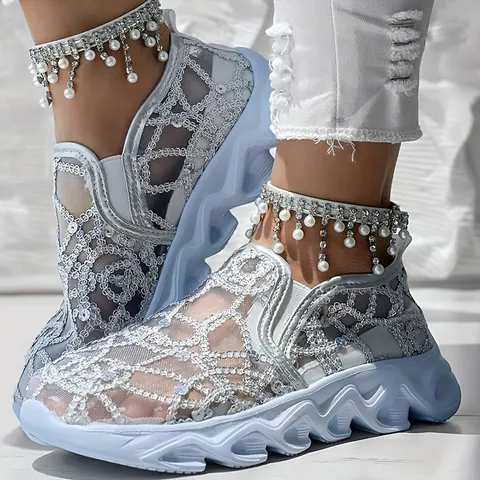 Women's Hollow Mesh Breathable Platform Sneakers Fashion Floral Embroidery Slip On Casual White Shoes Platform Walking Shoes