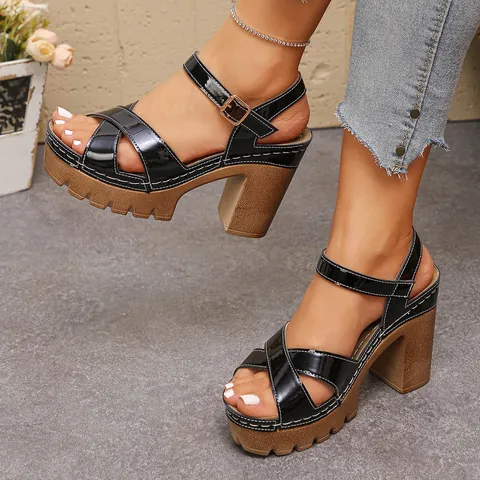Women Chunky Heel Platform Sandals Roman Cross Strap Buckle Patent PU Leather Summer High Heels Fashion Office Party Shoes