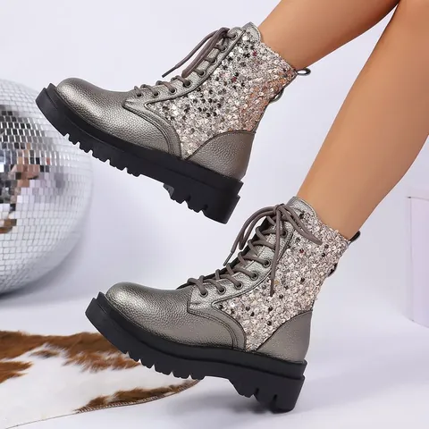 Women's Platform Sequin Martin Boots Lace-up Round Toe British Style Metallic Combat Boots For Autumn Winter Fashion Party