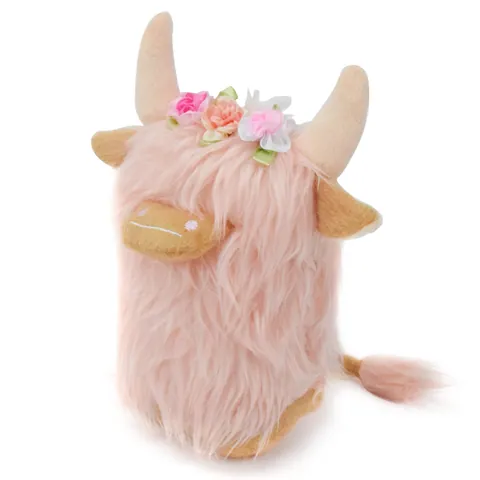 Nordic Style Highland Cow Plush Gnome Ornament Pink Long Hair Cow Doll With Floral Decor Soft Stuffed Animal Home Table Decor