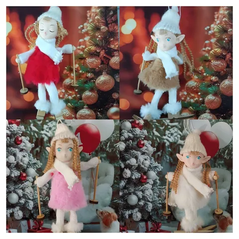 Nordic Plush Christmas Angel Elf Skier Doll Pendant Silver Wings Curly Hair Skis Xmas Tree Hanging Ornament Decoration