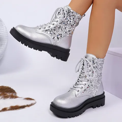 Women's Platform Sequin Martin Boots Lace-up Round Toe British Style Metallic Combat Boots For Autumn Winter Fashion Party
