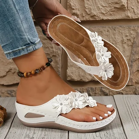Chanclas con Cuña de Flores para Mujer Sandalias de Plataforma con Strass Casual Retro con Costuras Tallas Grandes Zapatos de Playa Slip-on