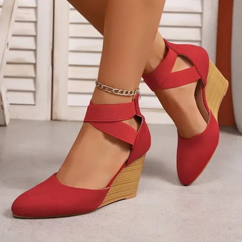 Women Fashion Wedge Sandals Pointed Toe Hollow Out Cross Ankle Straps High Heels European Summer Suede Cloth Shoes Large Size