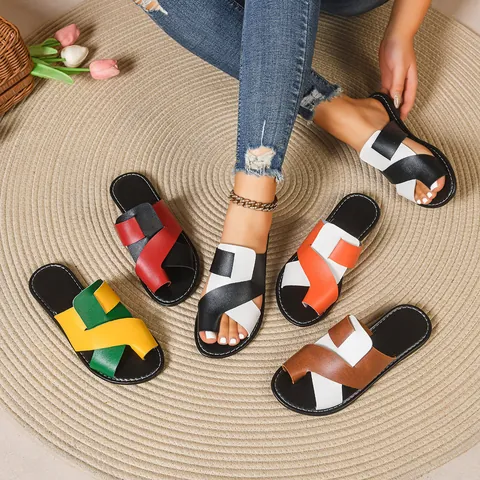 Damen Casual Farbe-Blocking Flache Slipper TPU Überkreuzte Zehenschlaufe Sandalen Mode Outdoor Strand Slides Übergröße Schuhe