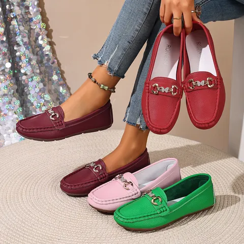 Women British Style Loafers Retro Metal Buckle Rhinestone Butterfly Chain Synthetic Leather Flat Casual Shoes Spring Autumn