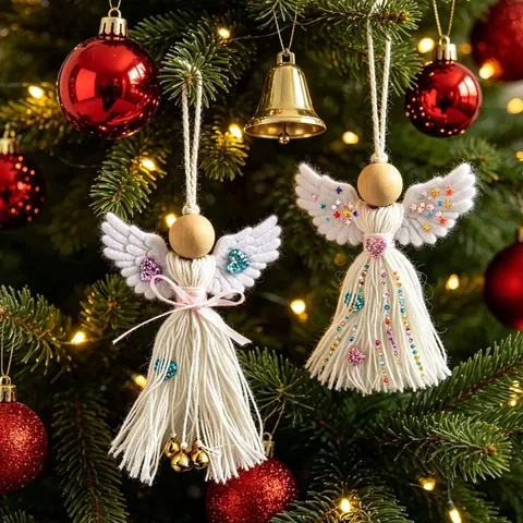 Handgewebter Weißer Engel Weihnachtsdekoration Baumbehang Makramee Engel Puppe Mit Holzperle Für Feiertagsparty Heimdekoration